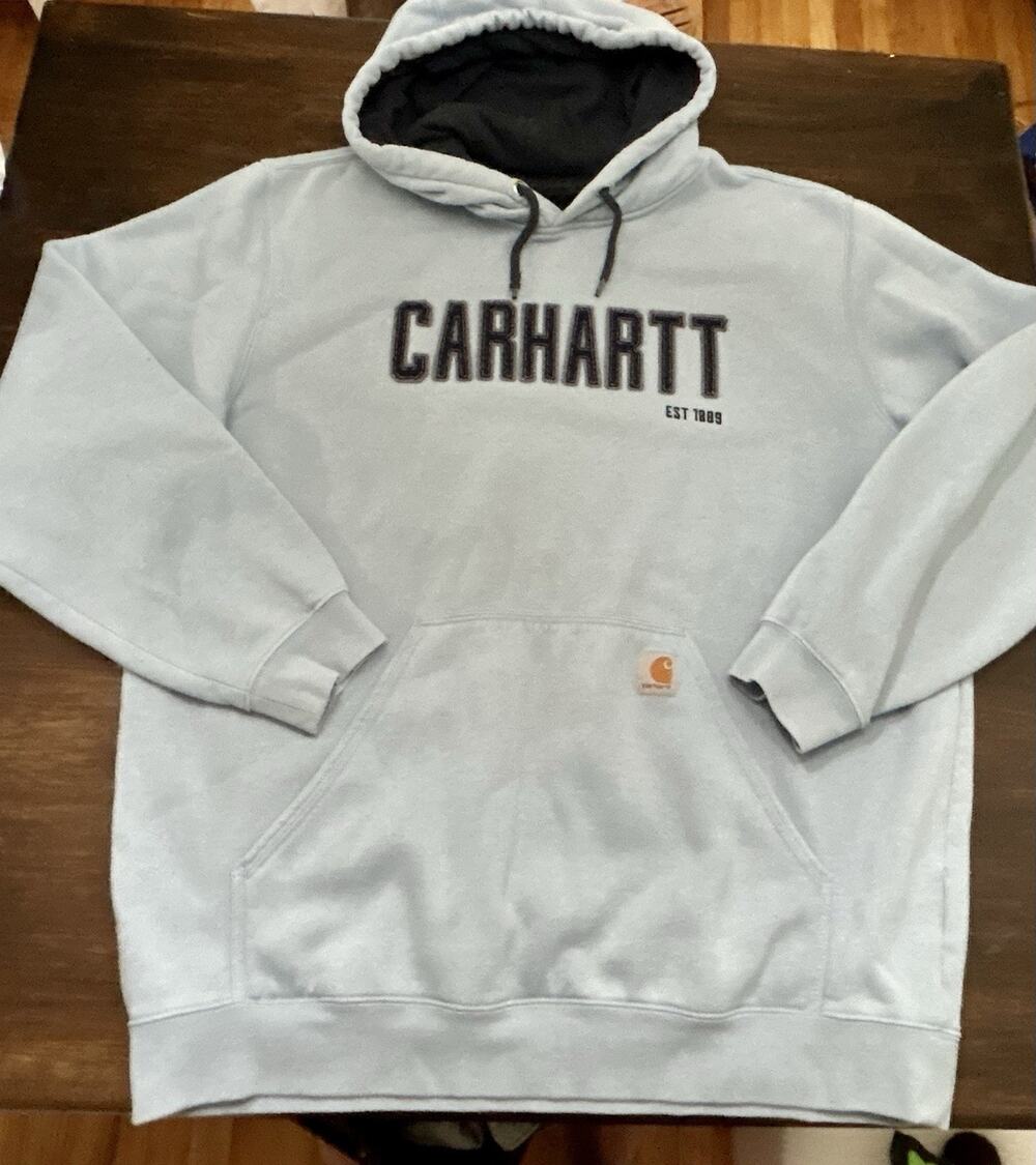 Carhartt XL Loose Fit Light Blue Fleece Pullover Hoodie Graphic Print
